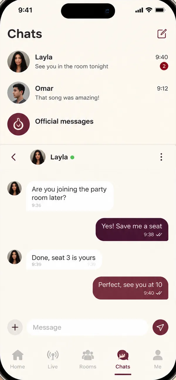 The Layali Live chats list and a private conversation