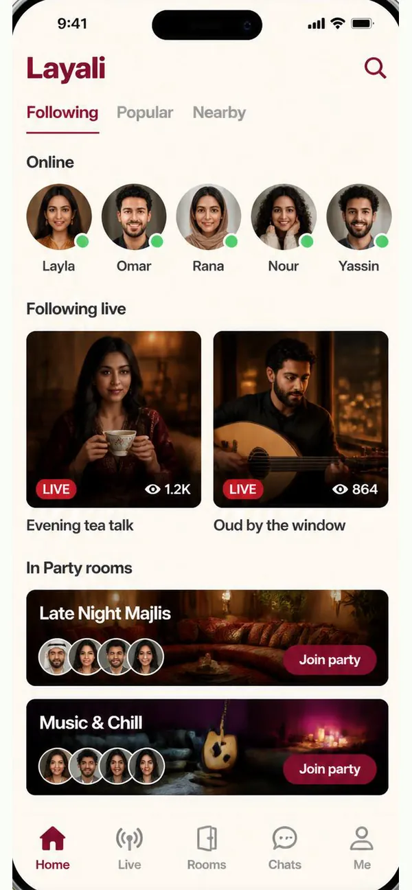 Layali Live home screen showing friends online, followed hosts who are live, and open party rooms