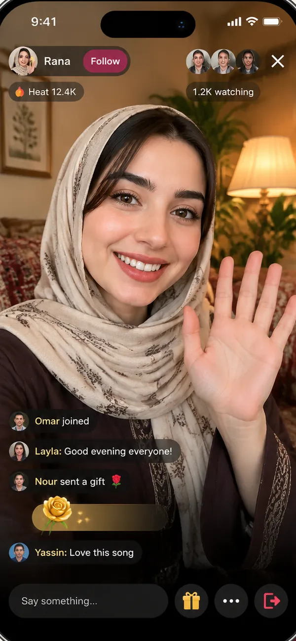 A live stream in Layali Live with the room chat and gift button