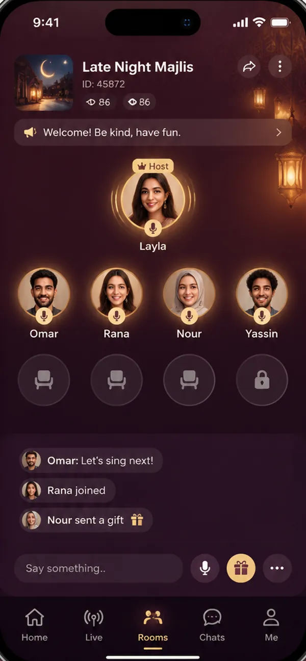 A Layali Live voice party room with the host seat, mic seats and public chat